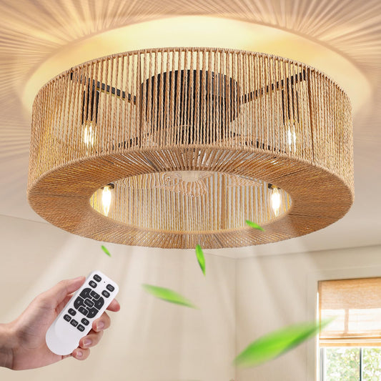 APBEAMLighting 24 Inch Boho Ceiling Fan with Light & Remote, Rattan Caged