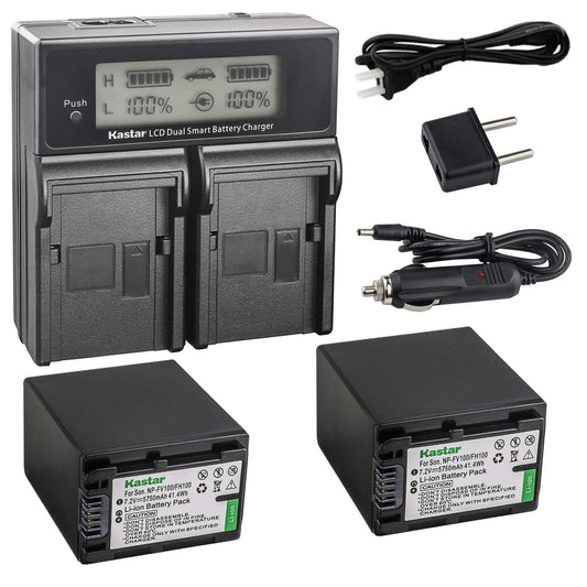 Kastar Charger + 2 Battery Replacement for Sony NP-FH100 DCR-DVD92 DVD405 DVD408 DVD610 DVD620E DVD650E HC48 HC96 SR45 SR47 SR65 SR67 SR85 SX40