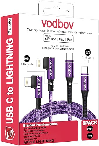 VODBOV Cable USB-C to Lightning 90 Degree 2Pack 10ft 6ft iPhone Charger Fast Charging Cable Right Angle Cord (Cosmos Purple)
