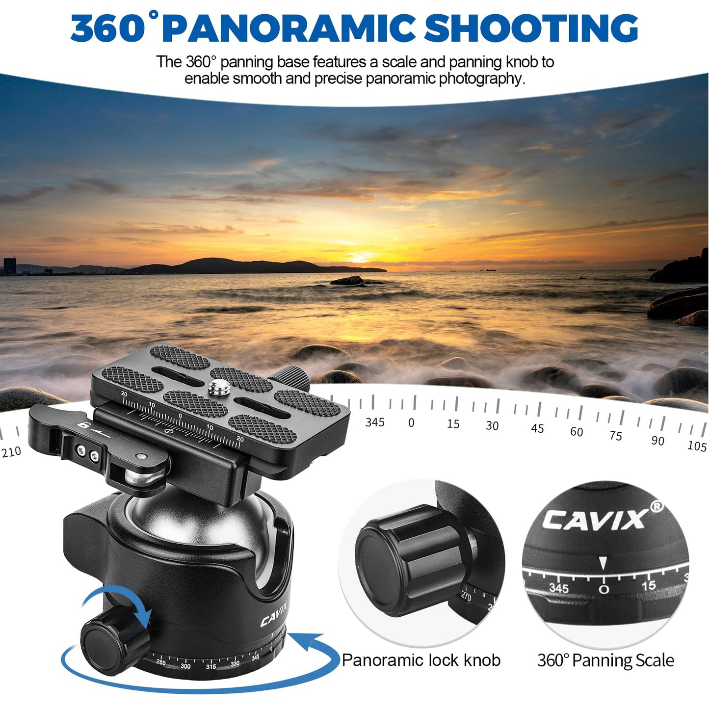 CAVIX H-46F Lever Tripod Head, Low Gravity Metal Ball Head Camera Head, Panoramic Ball Head with 1/4" Arca Swiss Quick Release Plate for Tripod
