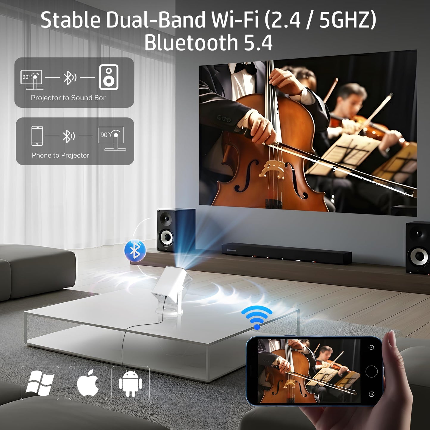 Mini Projector 1080P Full HD, HP MC425 Portable Projector, Projector with WiFi and Bluetooth, Short Throw Projector for Bedroom, Smart Outdoor Movie