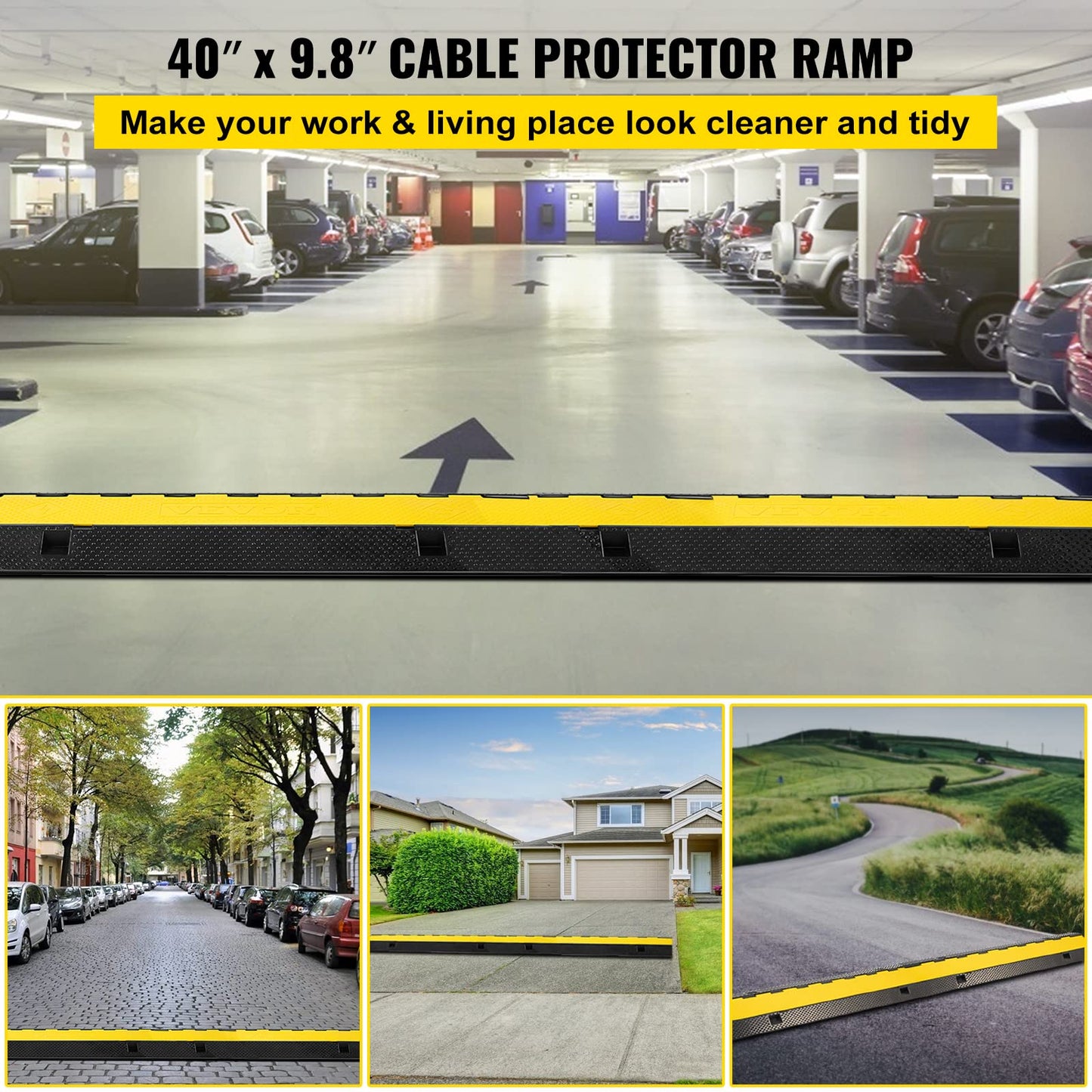 Happybuy 1 Pack of 3-Channel Rubber Cable Protector Ramps Heavy Duty 44000Lbs Load Capacity Cable Wire Cord Cover Ramp Speed Bump Driveway Hose Cable