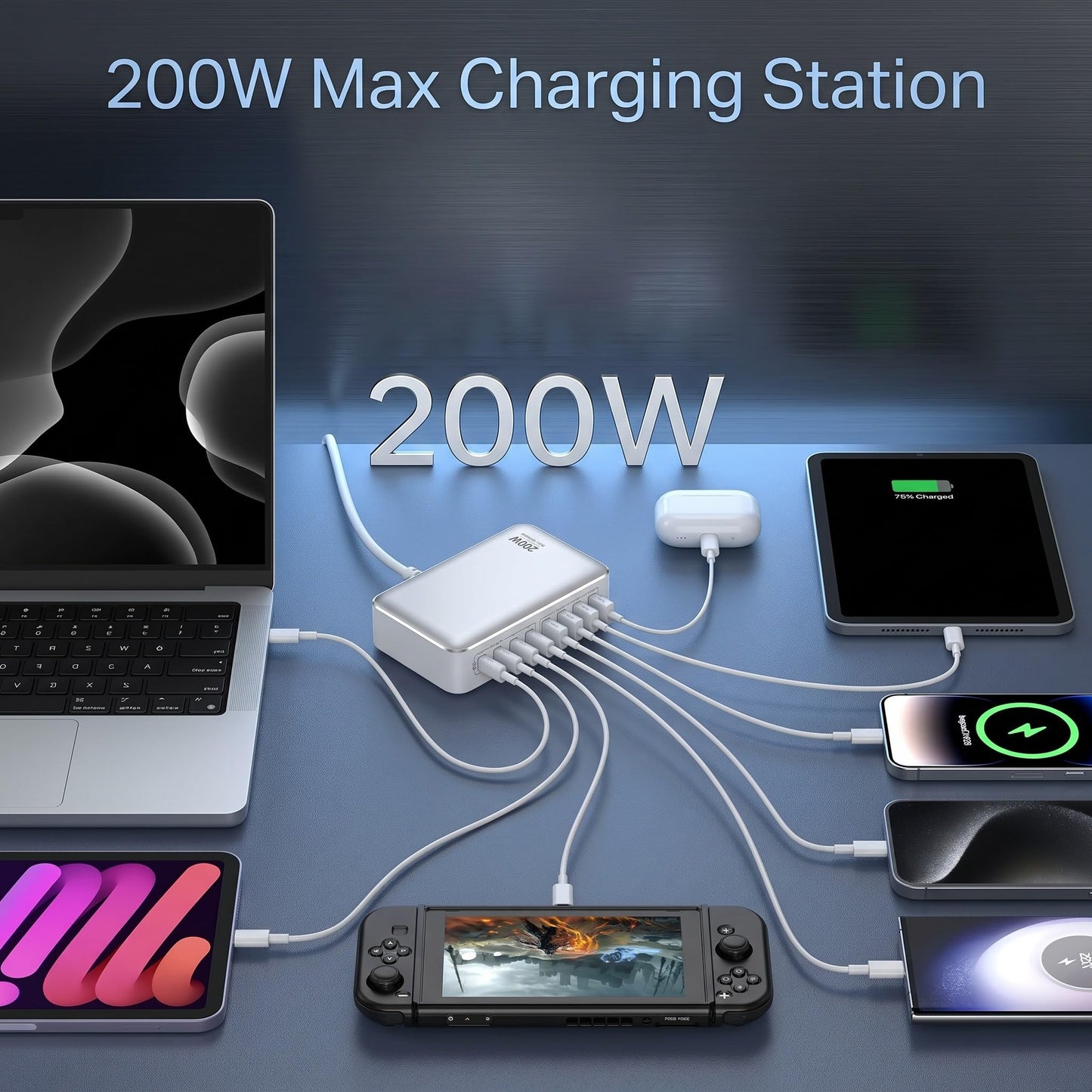 200W USB C Charger USB C Charger Block,Upgraded GaN III 8-Port Fast Charging Station Hub,PD 65W Laptop Charging Adapter Compatible with MacBook