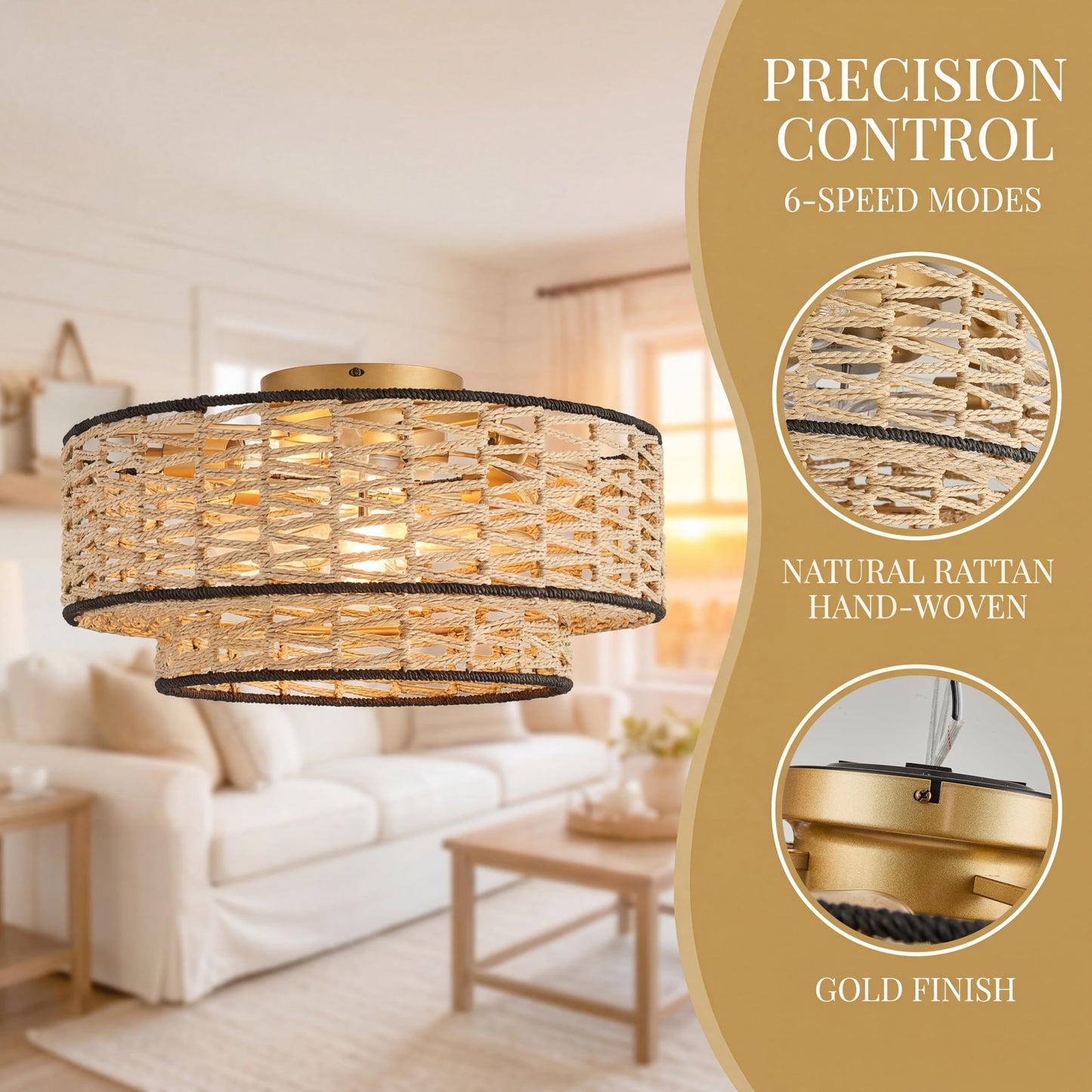 Bewishing 20" Boho Ceiling Fan Light with Remote Control, Double Layer Hand Woven Toast-Colored Rattan with Black Trim Flush Mount Fan Light
