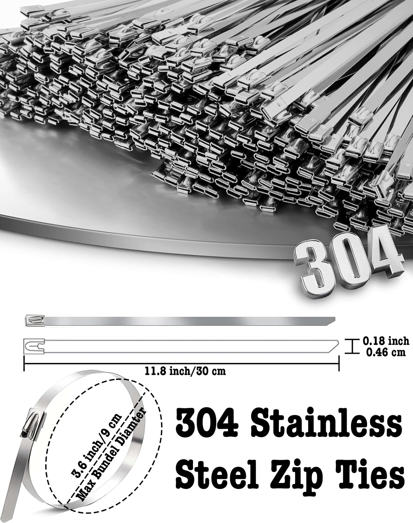 100Pcs Metal Zip Ties 11.8 inch 304 Stainless Steel Zip Ties, Heavy Duty Multi-Purpose Self-locking Metal Cable Ties for Machinery, Vehicles, Exhaust