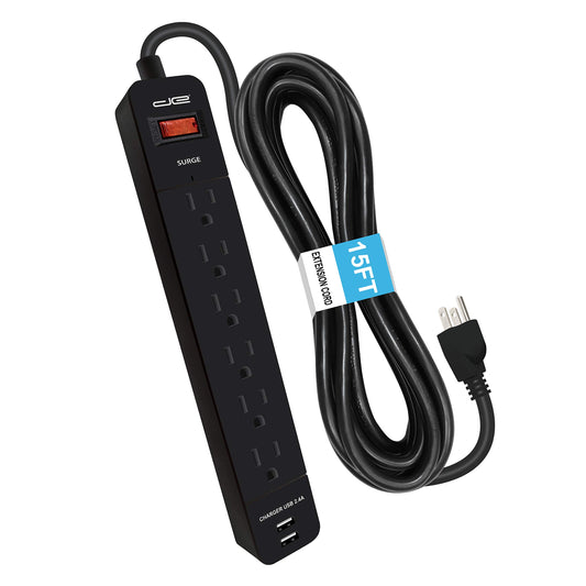 Digital Energy 6-Outlet + 2 USB 1050 Joule Surge Protector Power Strip with 15-Ft Long Extension Cord, Black, UL Listed