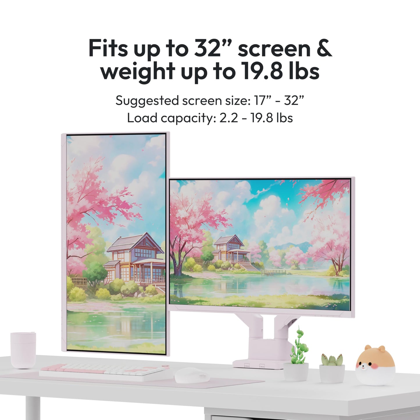Pixio PS1D Wave Pink Dual Monitor Arm Stand Desk Mount - Fits up to 32 inches Monitors and up to 19.8lbs. VESA Compatibility and Integrated Cable