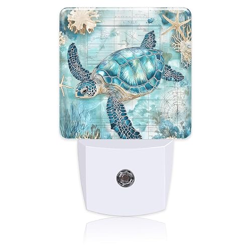 BLYKVGHQ Sea Turtle Blue Ocean Starfish Night Light,Plug into Wall with Dusk to Dawn Light Sensors,LED Nightlights