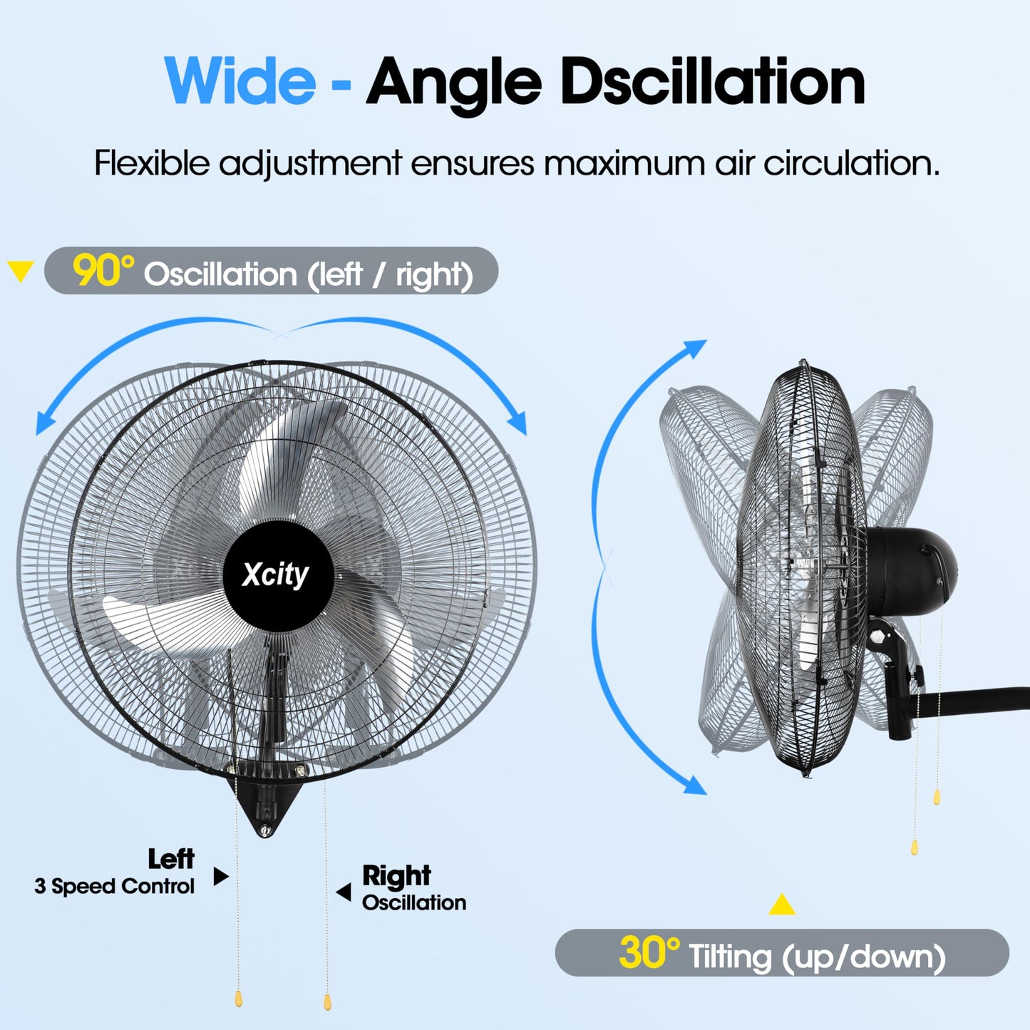 Xcity 18 inch Industrial Wall Mounted Oscillating Fan, 3-Speed, High Velocity, Max 4200 CFM, Adjustable Tilt, Heavy Duty Metal Outdoor Fans for Patio