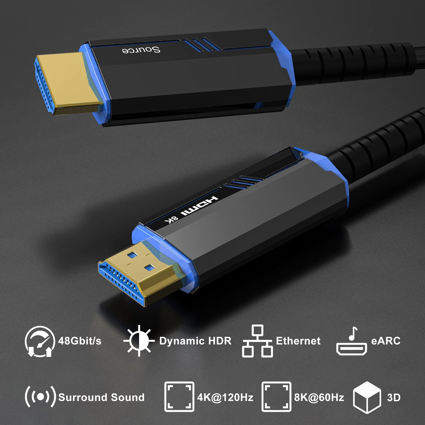 8K Long HDMI Fiber Optic Cable 100Feet/30m, 8K@60hz, 4K@120hz, HDMI 2.1 Cable 100FT, 48Gbps Ultra High Speed, Support HDR, eARC, Compatible for PC
