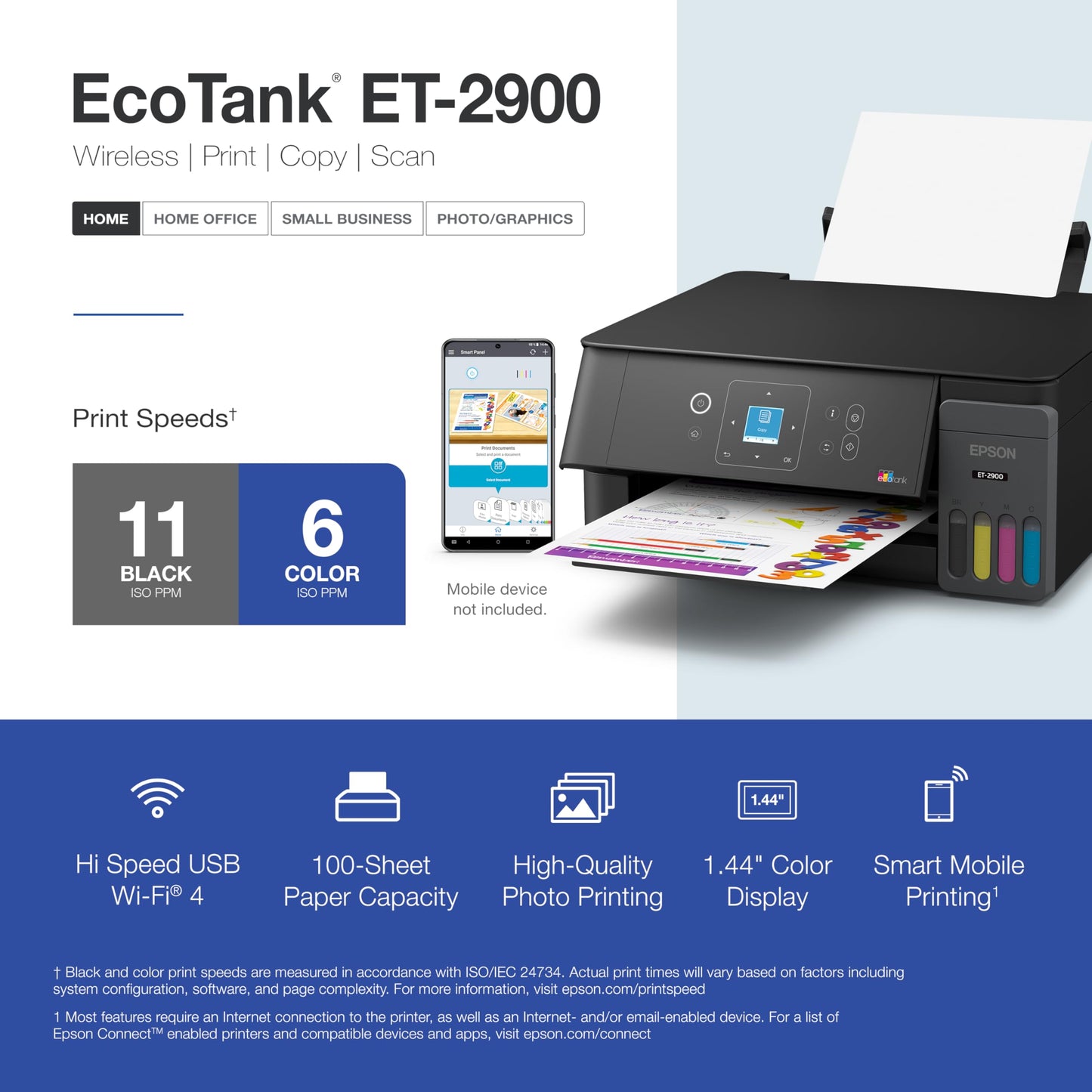 Epson EcoTank ET-2900 Wireless All-in-One Color Supertank Printer with up to 3 Years of Ink, Refillable Tanks, Perfect for Home, 11 PPM, 1.44" Color