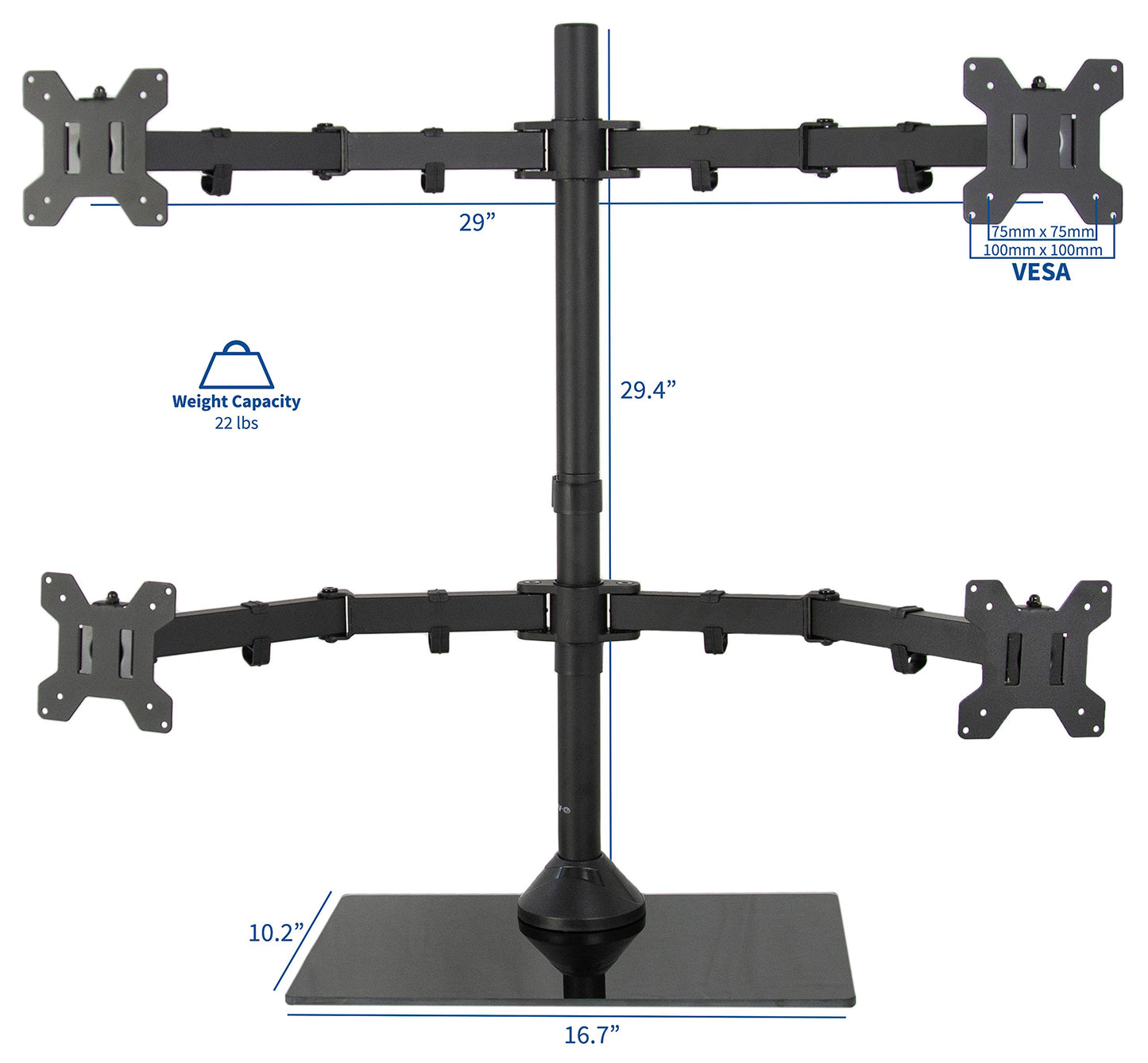 VIVO Black Adjustable Quad Monitor Desk Stand Mount, Free Standing Heavy Duty Glass Base, Holds 4 Screens up to 27 inches, STAND-V004FG