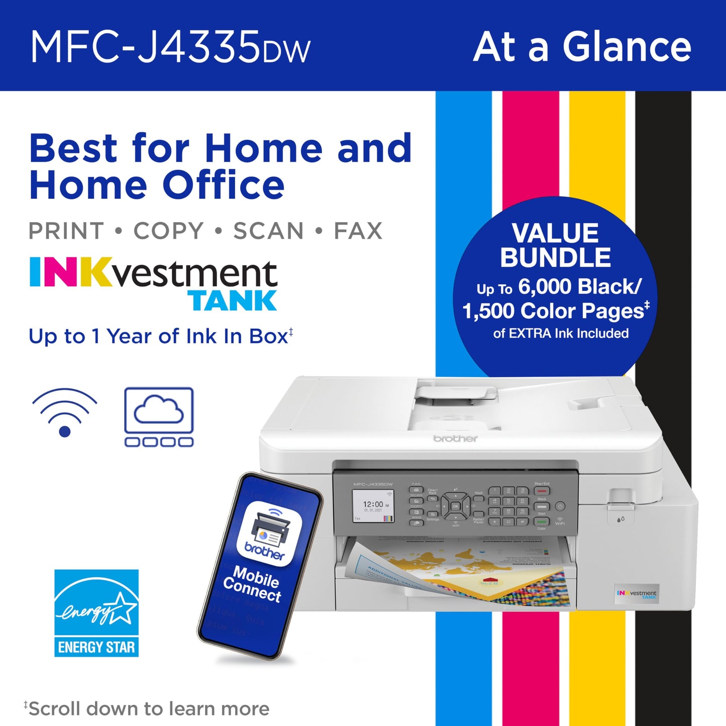 Brother MFC-J4335DW INKvestment Tank All-in-One Color Inkjet Printer Additional Ink Bundle with Duplex and Wireless Printing with Up to 2-Years of Ink