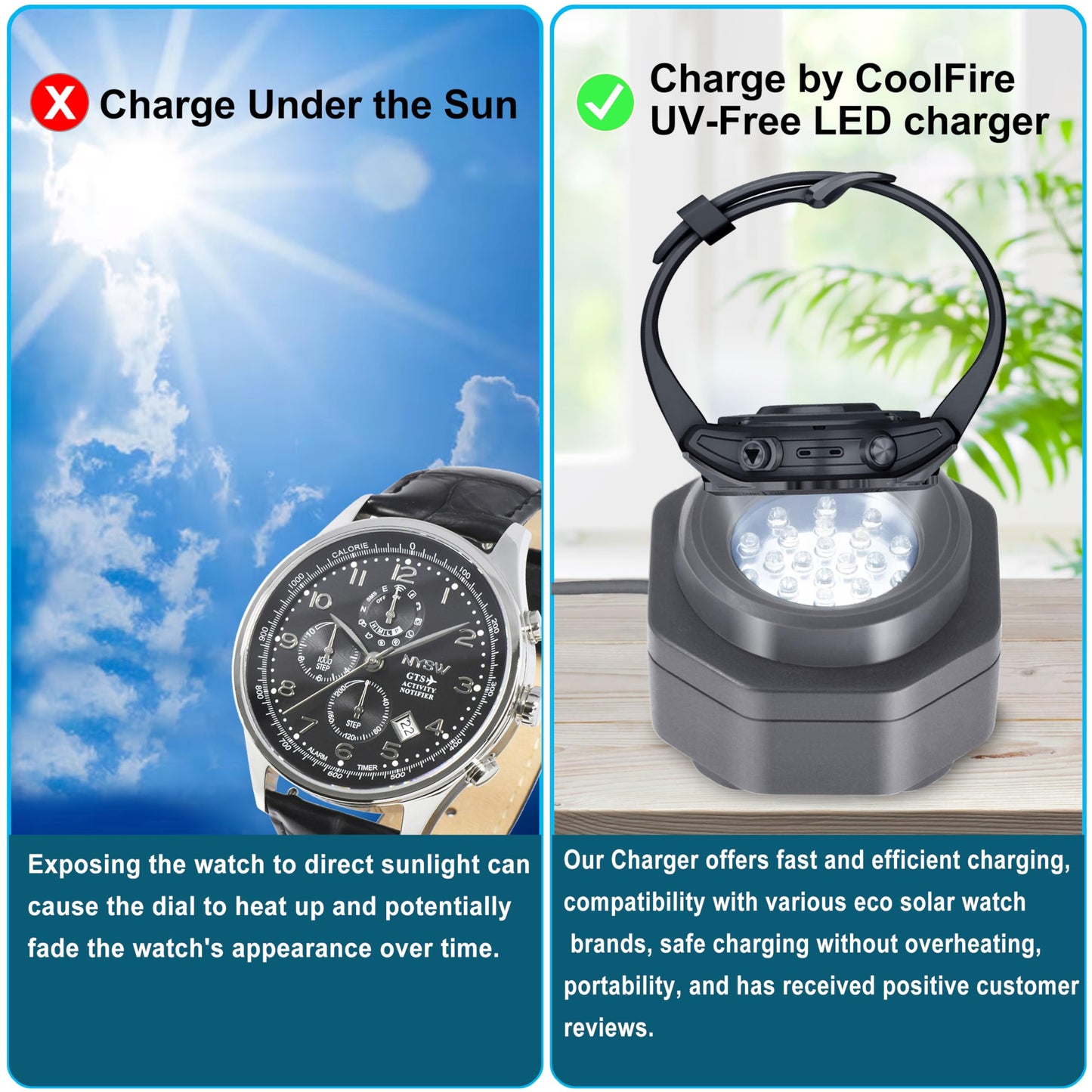 CoolFire (The Original) - USB-C UV Free Solar Watch Fast Charger for All Eco Solar Watches. Safe 24/7 Charging (No 8H Timer Needed). Reloj Hombre