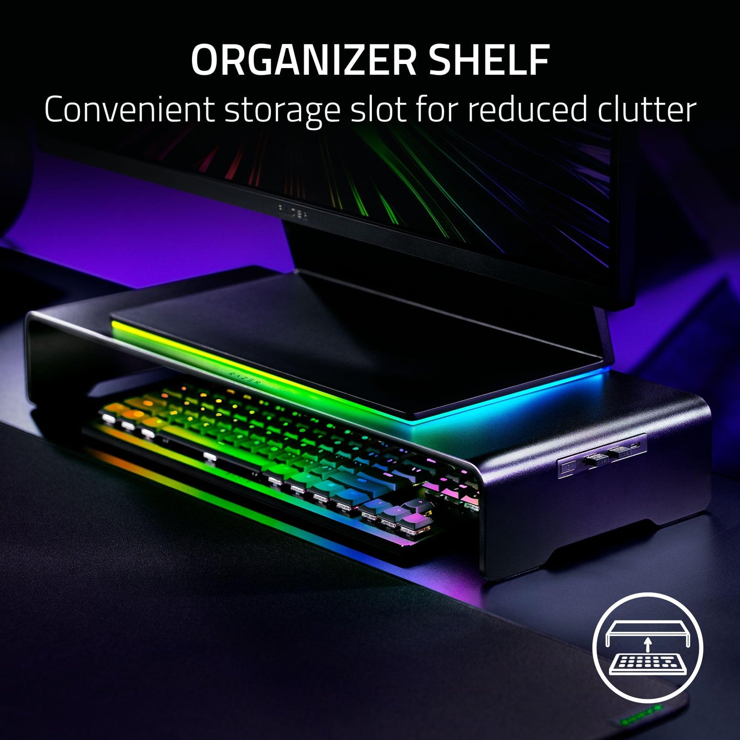 Razer Monitor Stand Chroma: 4 Port Hub - USB A 3.2, USB C 3.2, HDMI 2.0 - Ergonomic Height - Durable Aluminum Supports Up to 44 lbs - Organize Storage