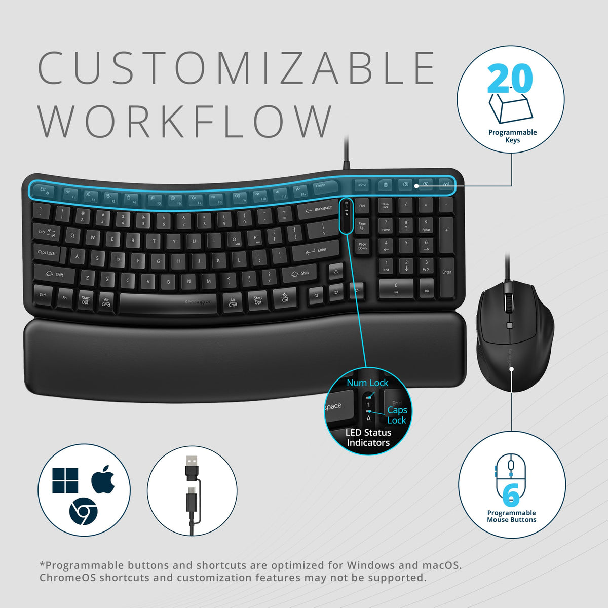 Kensington Pro Fit Ergo KM620-W Wired EQ Keyboard and Mouse, QWERTY Keyboard, Ergonomic Wave Design, USB-C/USB-A Connection, Programmable Keys, 1800