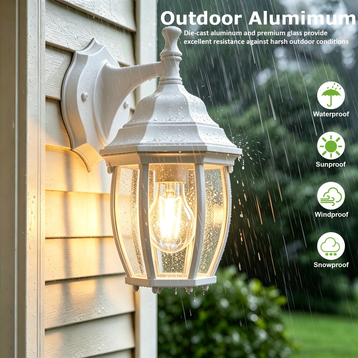 LIT-PaTH Outdoor Wall Lantern, Wall Sconce as Porch Lighting Fixture with E26 Medium Base Max 60W, Aluminum Housing with Glass Shade, Matte White