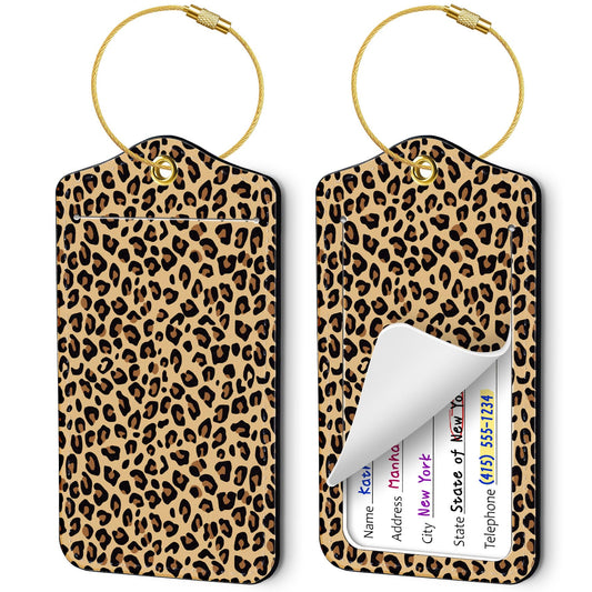 2 Pack PU Leather Luggage Tags – Cute Suitcase Name Tags with Privacy Cover & Steel Loops, Travel ID Bag Tags for Men & Women (Leopard)