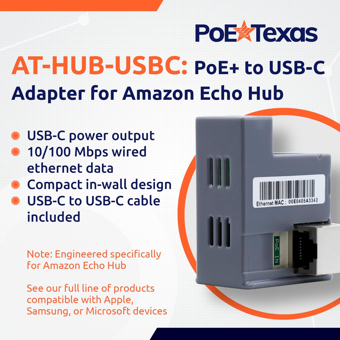 PoE Texas at-HUB PoE+ to USB-C Power and Data Delivery for Amazon Echo Hub Smart Home Control Panel - Power Output, 10/100 Mbps Speeds with USB-C