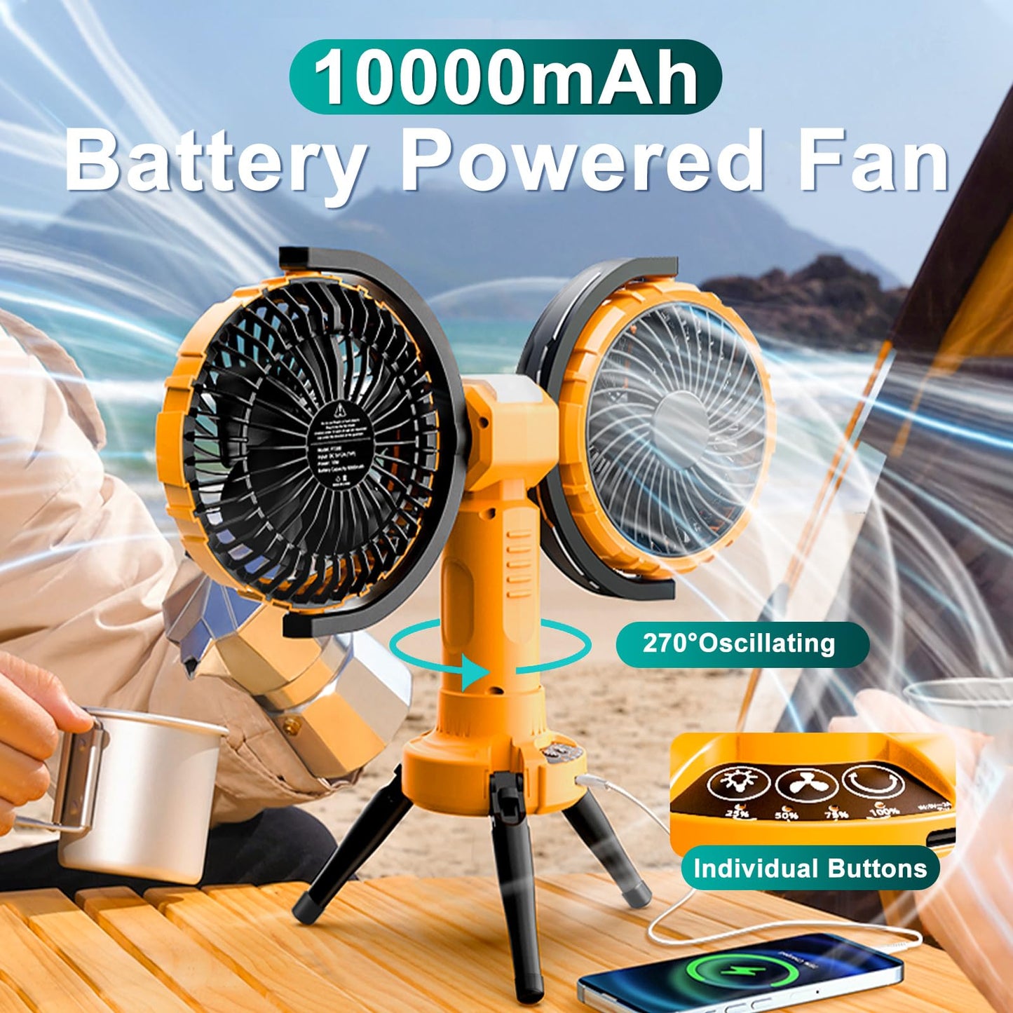 WISFISSH 10000mAh Outdoor Camping Fan, Oscillating Battery Operated Tent Fan with LED Lantern, Dual Head Rechargeable Tent Ceiling Fan with Tripod