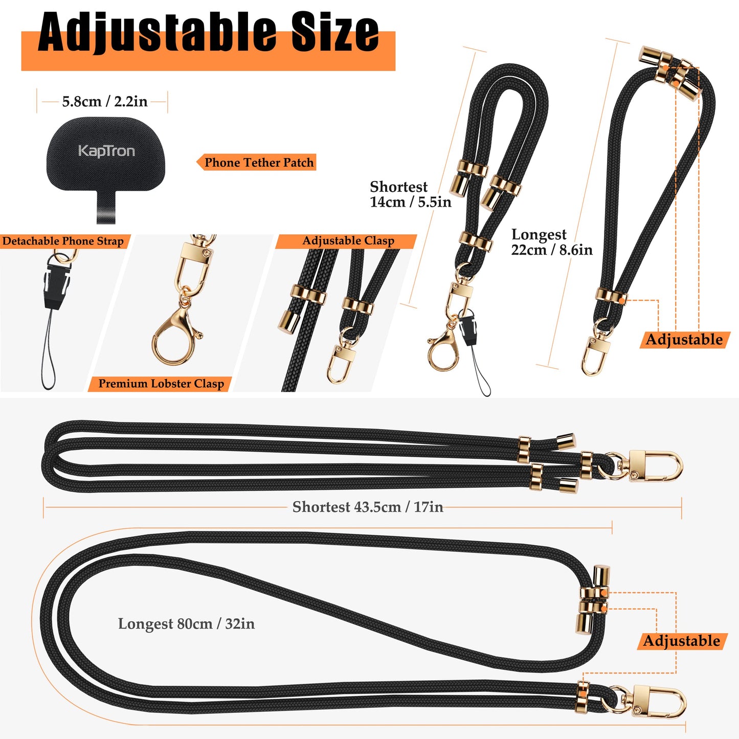Kaptron 2Pcs Cell Phone Lanyard: Universal Adjustable Crossbody Phone Strap and Wrist Strap, with 2 Lobster Clips and 2 Tether Patches, Compatible