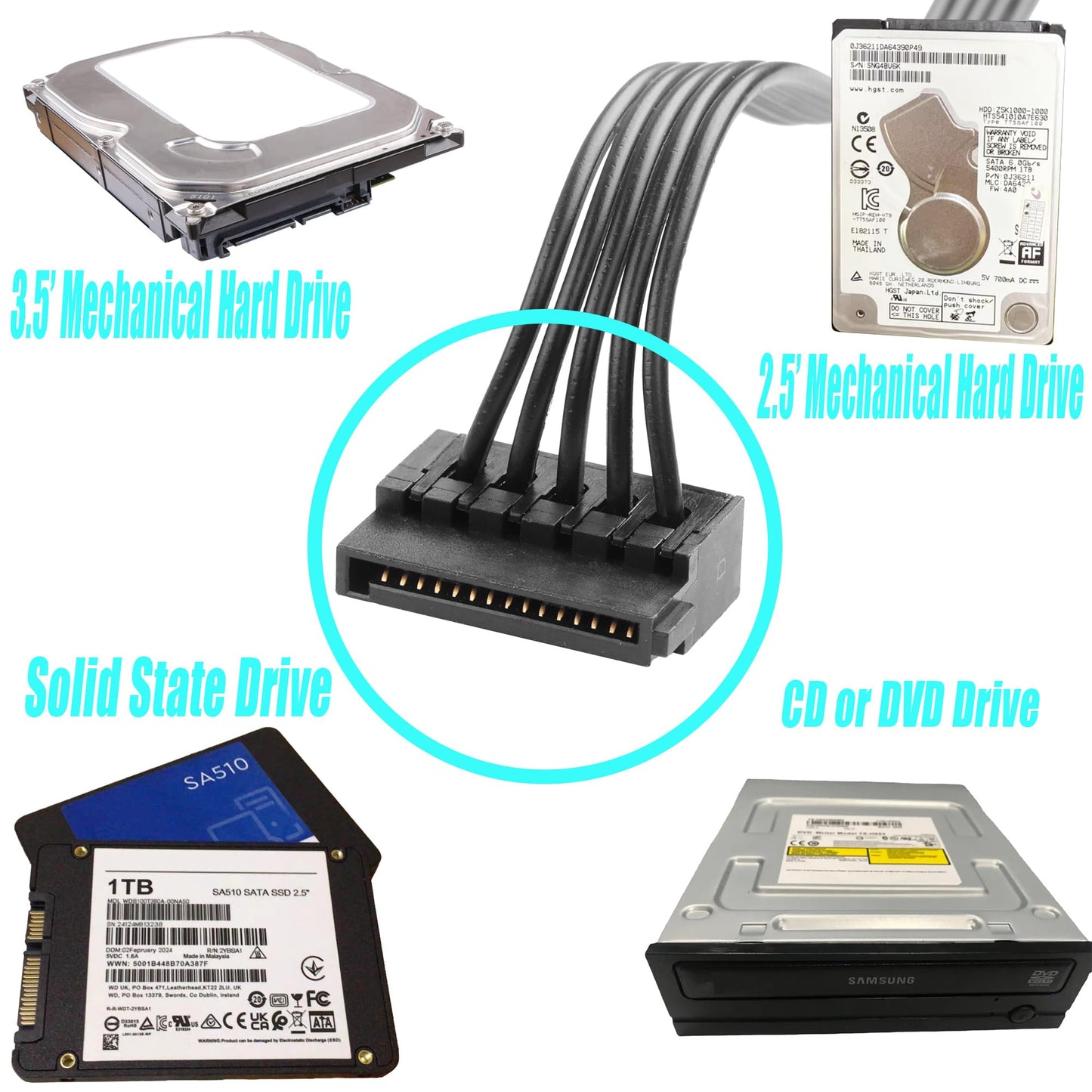ELFJMZP SATA 15PIN Male to 5 SATA 15 Pin Female Power Splitter 1 to 5 Serial ATA Powered Expansion Cable for PC/NAS/Server SSD/HDD, DVD/CD-ROM - 28.3