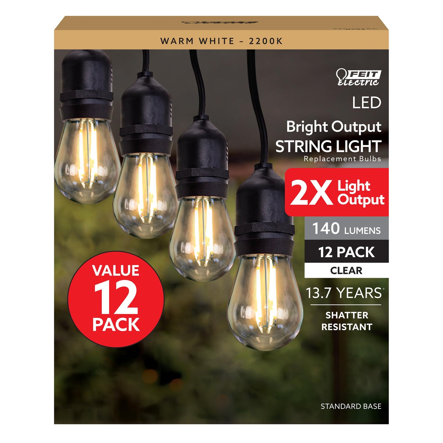 Feit Electric S14 LED Filament Light Bulbs, High Output, 2200K Warm White, 140 Lumens, String Light Replacement Bulbs, 15,000-Hour Lifespan, Clear