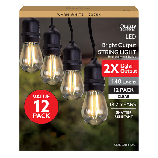 Feit Electric S14 LED Filament Light Bulbs, High Output, 2200K Warm White, 140 Lumens, String Light Replacement Bulbs, 15,000-Hour Lifespan, Clear