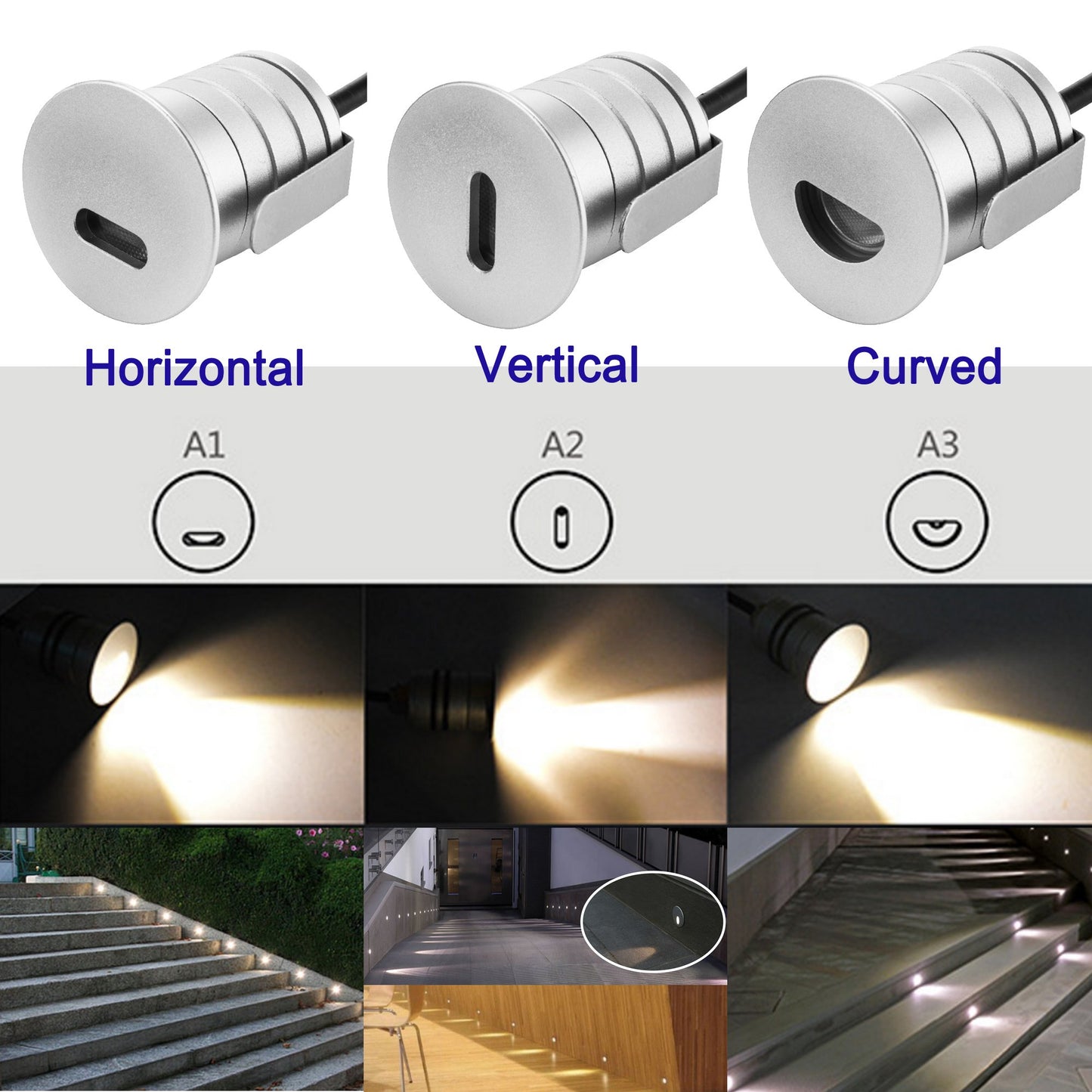 CNBRIGHTER LED Step Lights Outdoor Indoor,1W 12V-24V DC, Waterproof IP67,Aluminum,3000K Warm White,Stair Lighting,Stairway Foot Lamps (A2-Vertical)