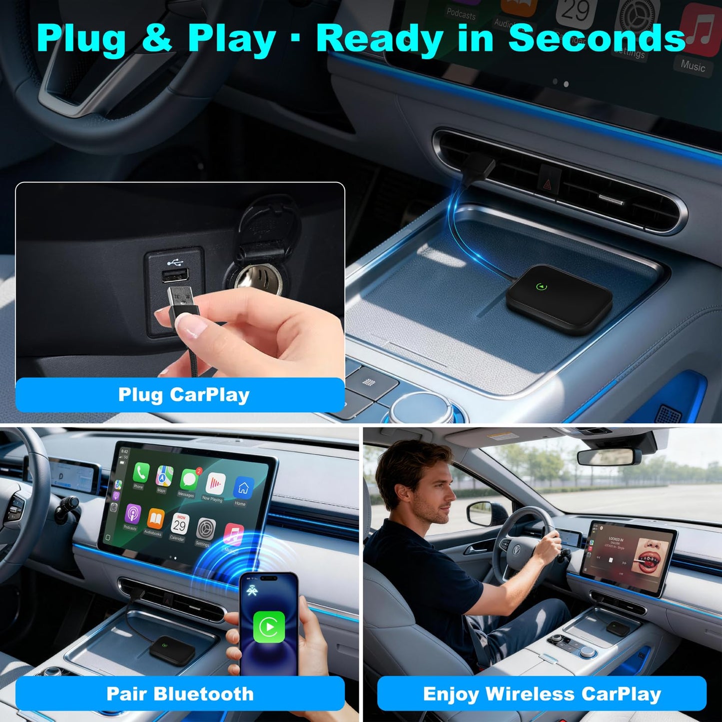 Wireless CarPlay Adapter for iPhone, Apple CarPlay Wireless Adapter USB-C, Bluetooth Connection, Auto-Switch for Multiple iPhones, Fast & Stable, iOS