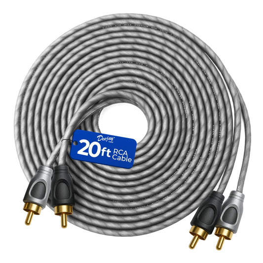 DEEJAYLED 20-Ft RCA Cable - RCA Male to RCA Male Audio Cable, EMI Protection, Flexible Soft Touch Construction, Suitable for Car Audio, Turntables, Amplifiers, Receivers, Cd Players, and Subwoofers
