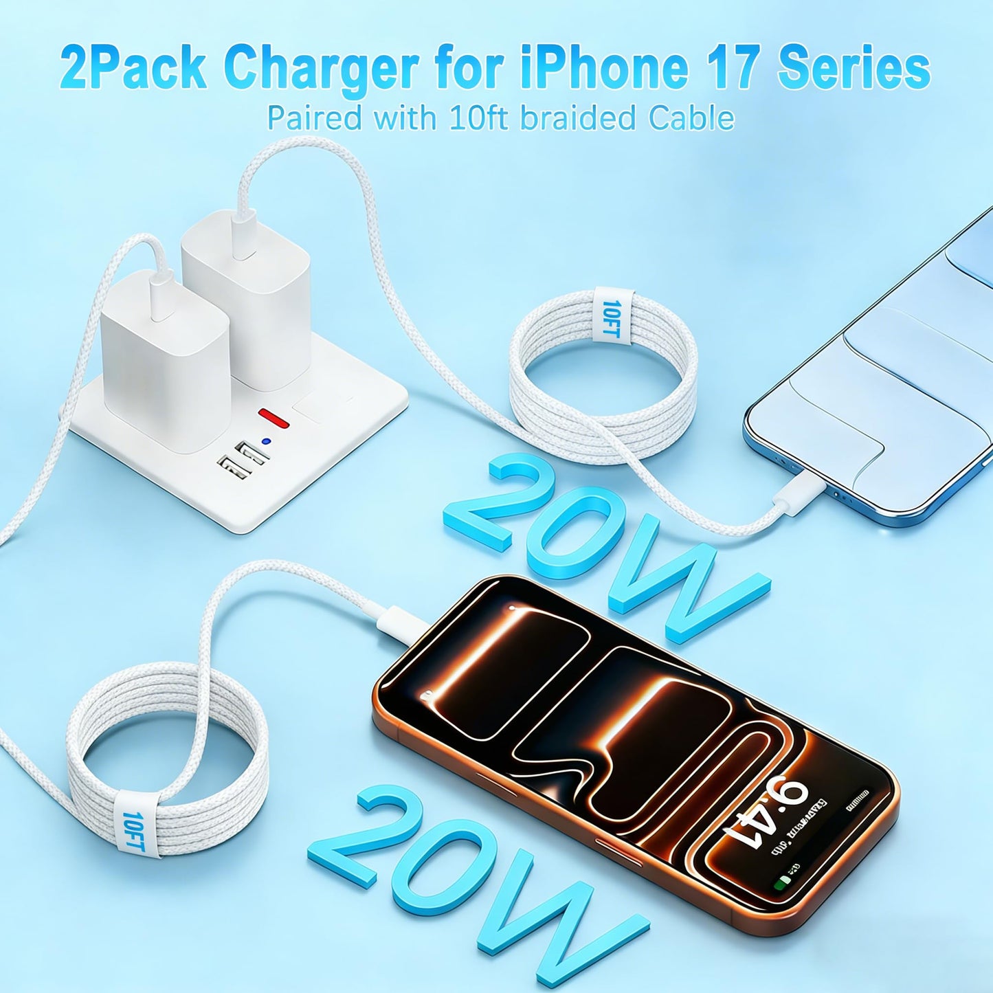 iPhone Charger Fast Charging,[Apple MFi Certified]2Pack USB C Wall Charger Block iPhone Charger 10FT USB C to C Woven Cable for iPhone 17E/17