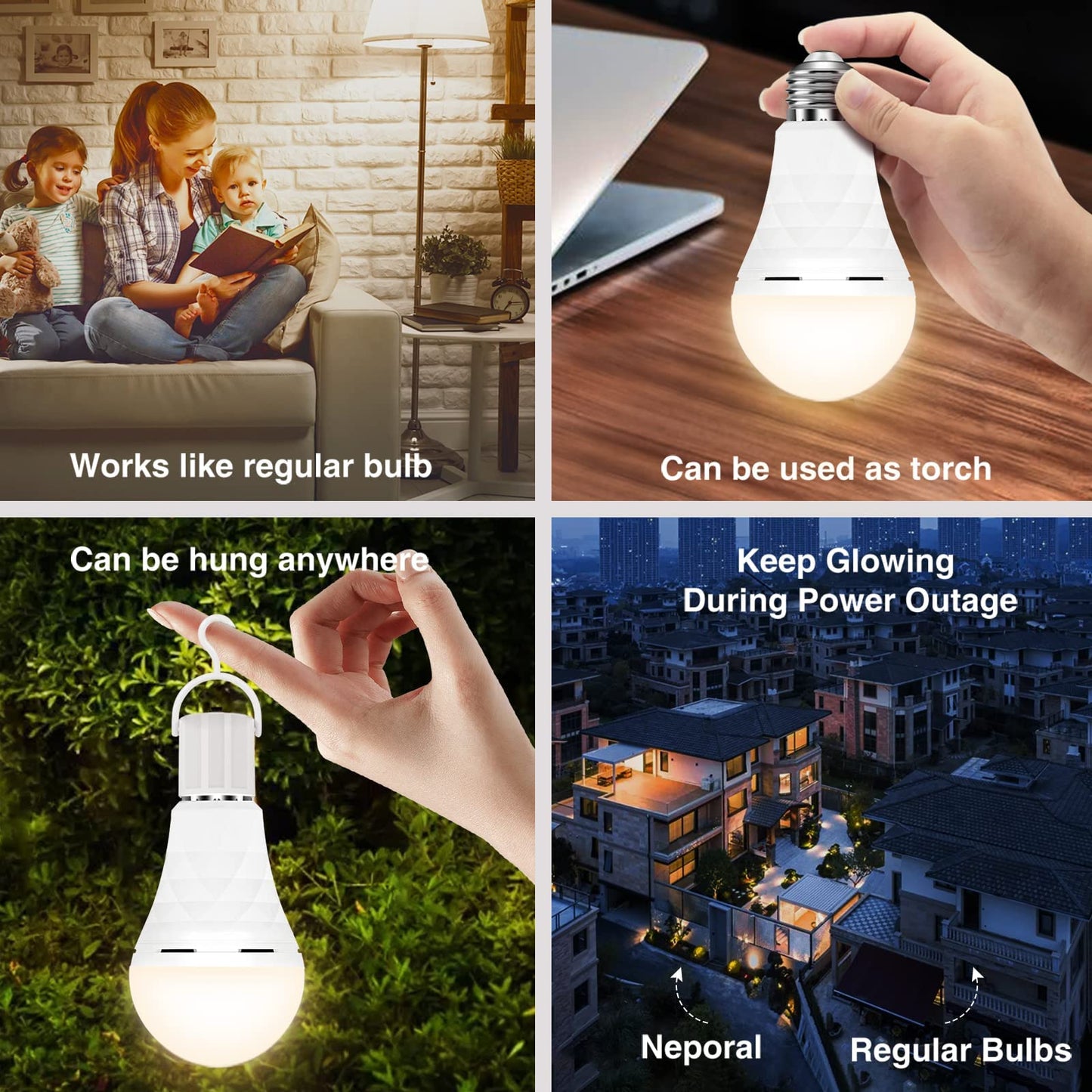 Neporal A19 Rechargeable Light Bulbs, Socket Rechargeable Emergency Light Bulb for Power Failure, Battery Backup Bulbs for Home, Hurricane, Led Bulb