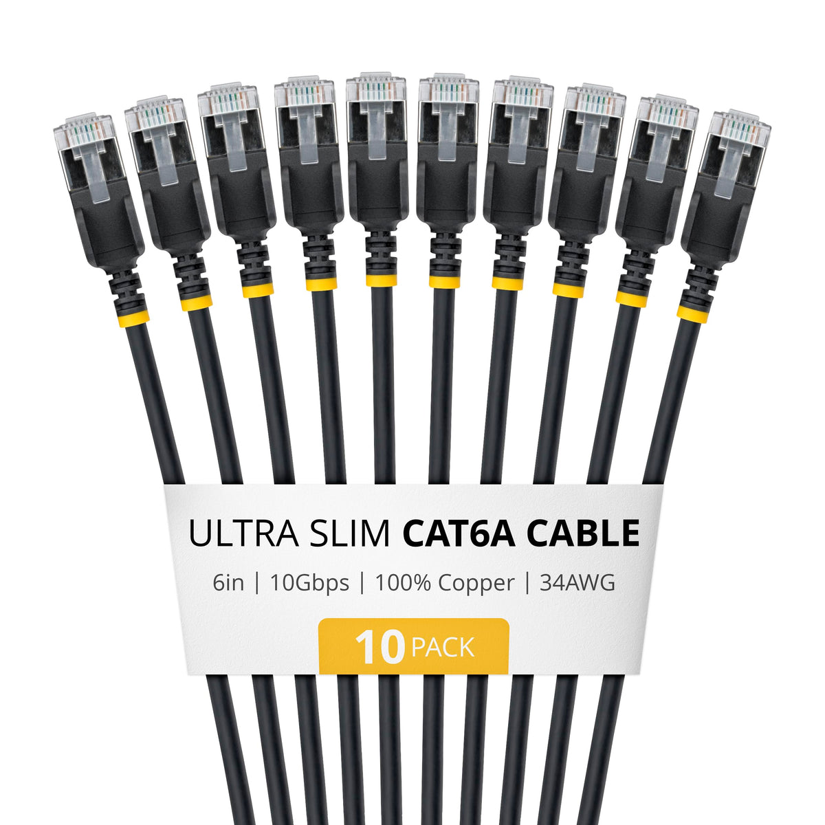 StarTech 6in Black Ultra Slim Cat6A Ethernet Cable, 10 Pack, Snagless, FTP, Pure Bare Copper Wire, 34AWG Ultra Slim RJ45 Network Patch Cord