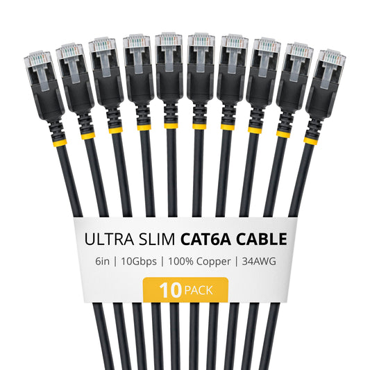 StarTech 6in Black Ultra Slim Cat6A Ethernet Cable, 10 Pack, Snagless, FTP, Pure Bare Copper Wire, 34AWG Ultra Slim RJ45 Network Patch Cord