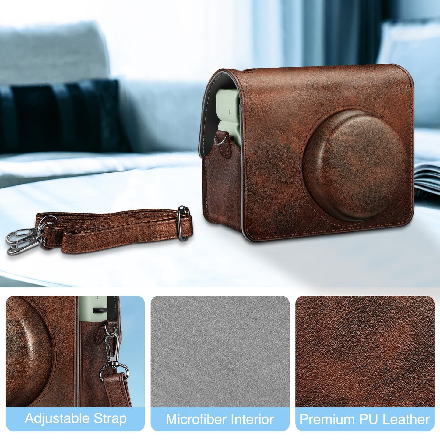 Fintie Protective Case for Fujifilm Instax Wide 400 Instant Film Camera - Premium Vegan Leather Bag Cover with Removable Strap, Vintage Brown