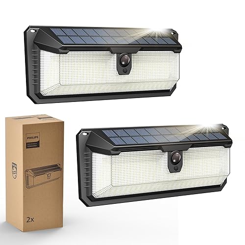 Philips Solar Lights Motion Sensor Outdoor, 258 LEDs Solar Powered Security Lights, 3 Lighting Modes, Waterproof Wall Light for Outside Yard Fence