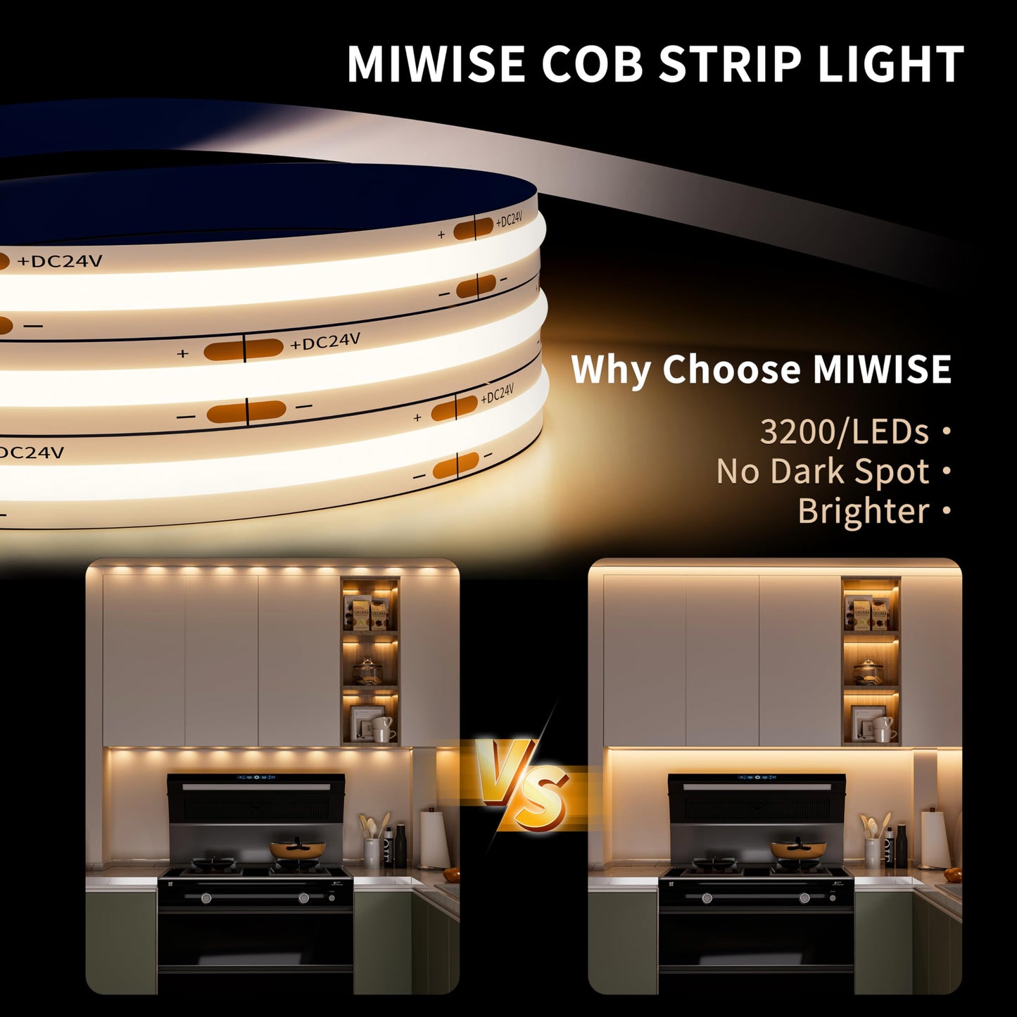 MIWISE COB LED Strip Light 32.8ft/10m,CRI 90+ Warm White 3000K High Lumen Dimmable Super Bright Flexible DC24V LED Tape Light