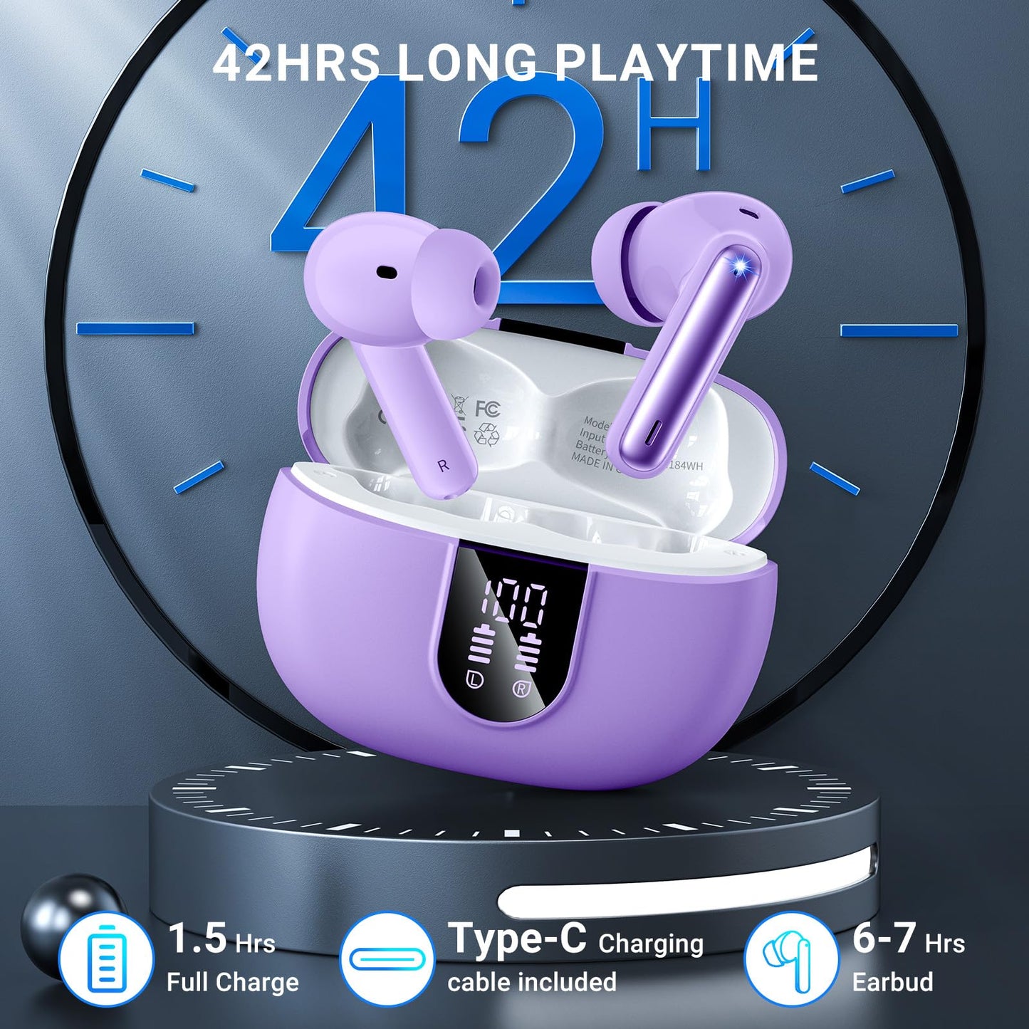 Wireless Earbuds, 2025 Wireless Headphones HiFi Stereo Earphones with 4 ENC Noise Canceling Mic, 42Hs Playtime In Ear Earbud, Bluetooth 5.3 Sport