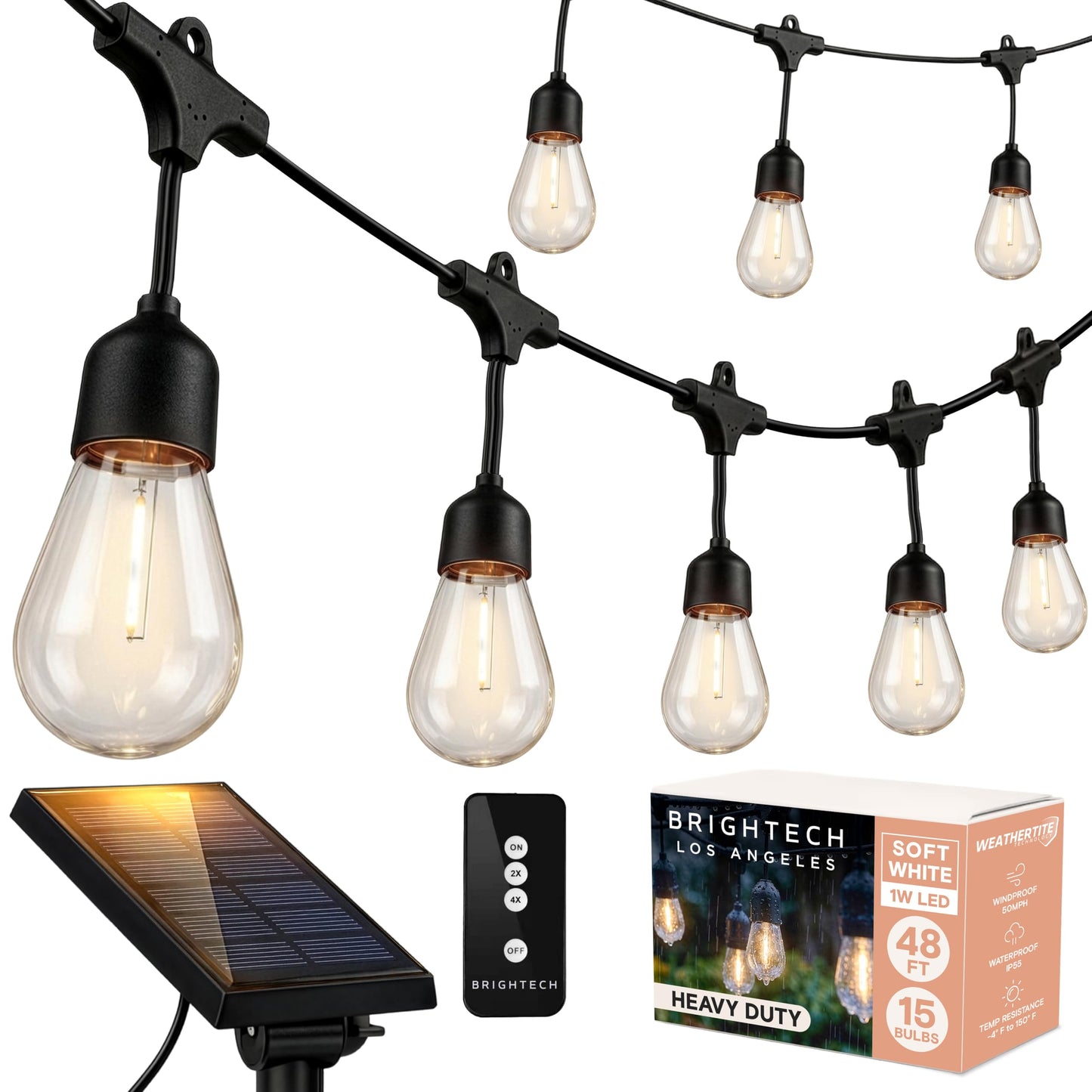 Brightech Ambience Pro - Solar Power Remote Control Outdoor String Lights with Edison Bulbs - Shatterproof, Commercial Grade LED Waterproof Patio