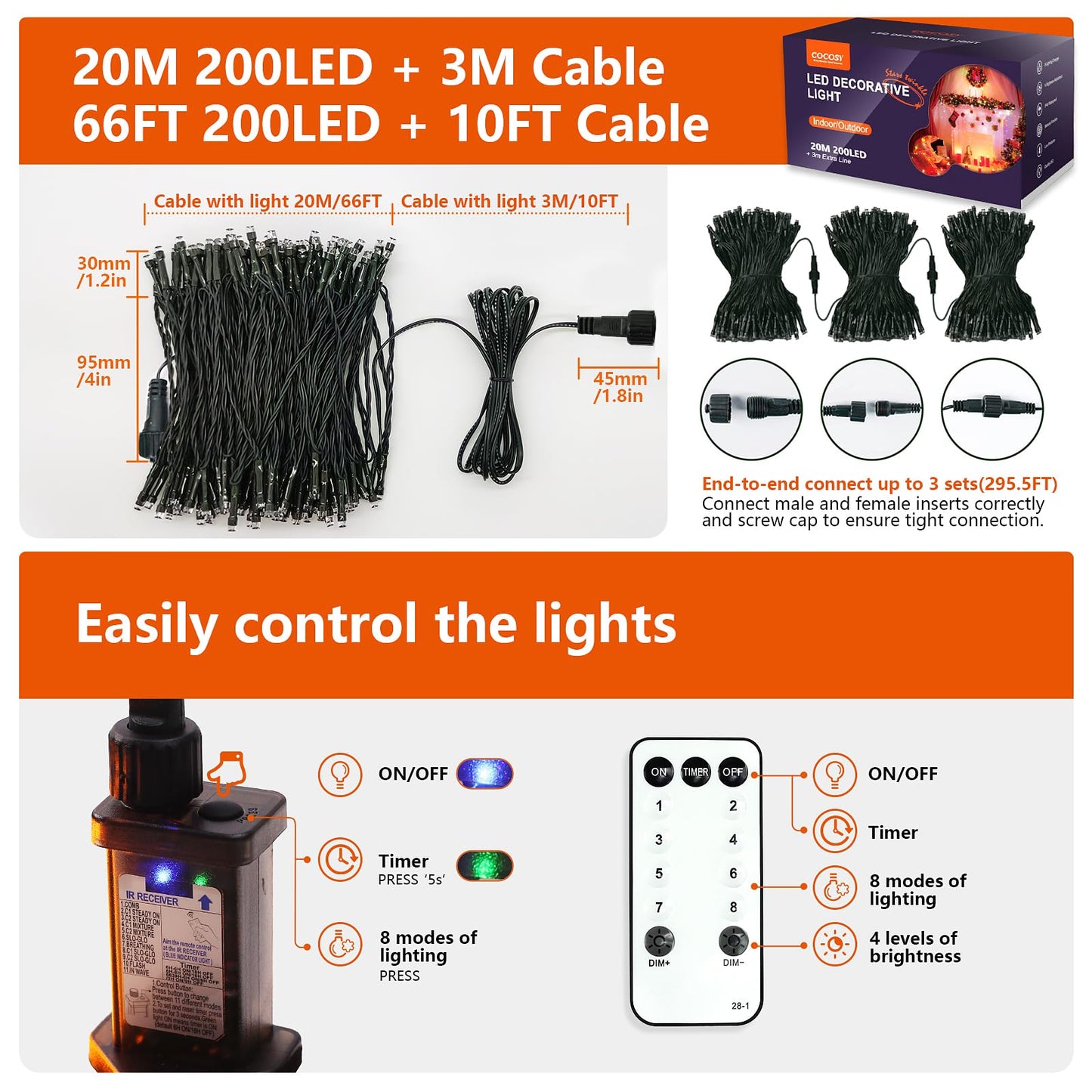 COCOSY Plug in 66FT 200 LED Fairy Christmas Tree String Lights 31V/8 Modes/Timer/Memory/IP44 Waterproof for Xmas Indoor Outdoor Bedroom Wedding