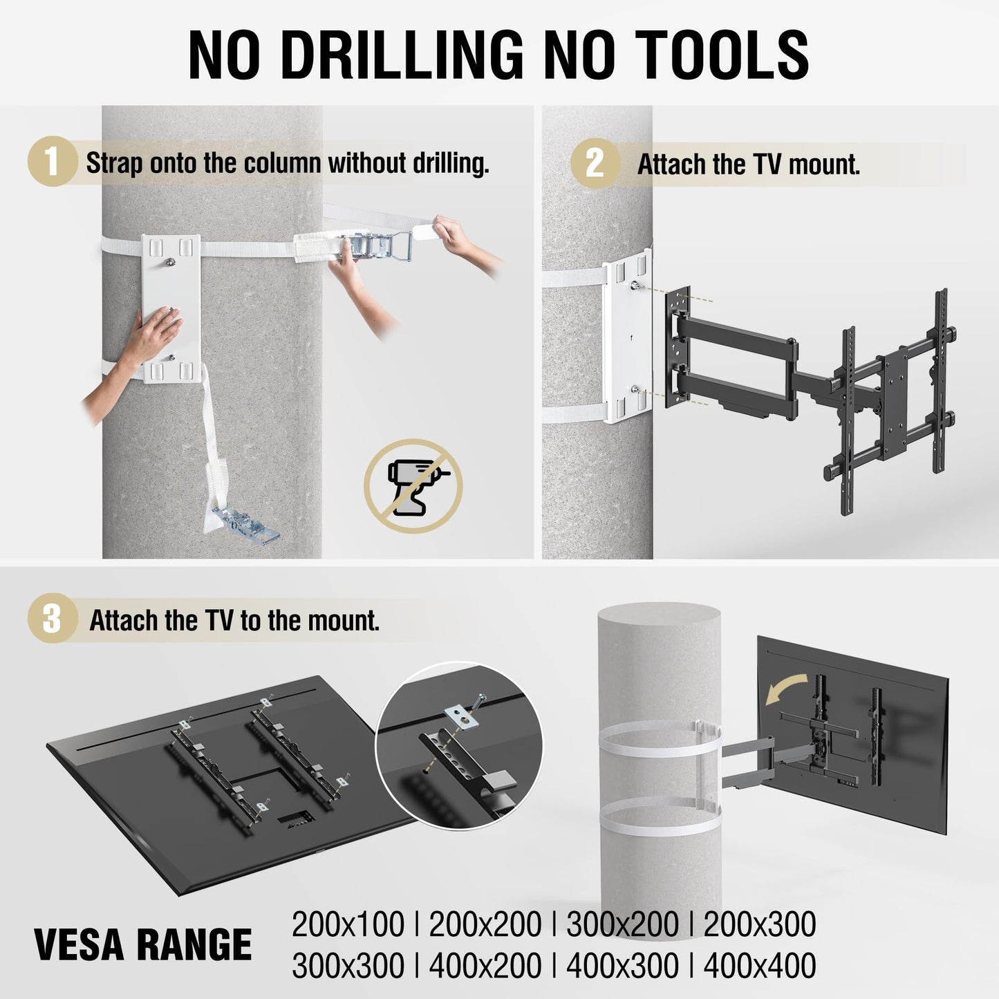 CondoMounts CLMTVA1044 Full Motion Large Pillar TV Mount | Column | Round & Square TV Post Mount | NO Drill | Holds 80lbs | Fits 32-in. to 70-in. TVs