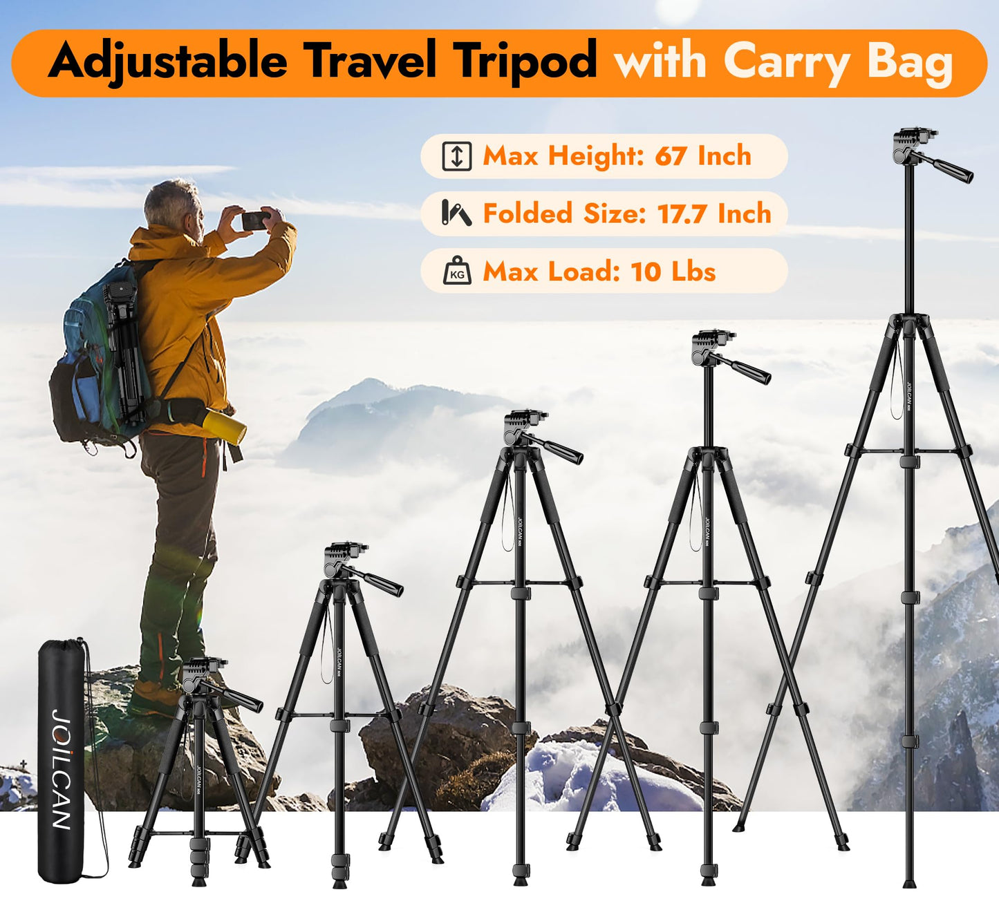 JOILCAN Phone Tripod Stand - 67" Aluminum Extendable Tripod with Remote, Portable Tripods for iPhone Photos Selfie & Video, Compatible with iPhone