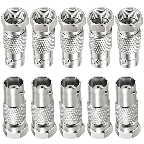 F to BNC, 10 Pack F Male to BNC Female Adapter Coax Connector for Radio Antenna and Video, Applications Security Camera, FM Radio, GPS, Satellite