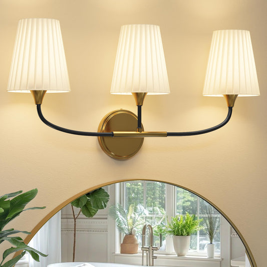 Lanxithen Bathroom Light Fixtures Over Mirror, 3 Light Vanity Light for Bathroom, Black Gold Vanity Light Fixtures with Flared Ivory White Fabric