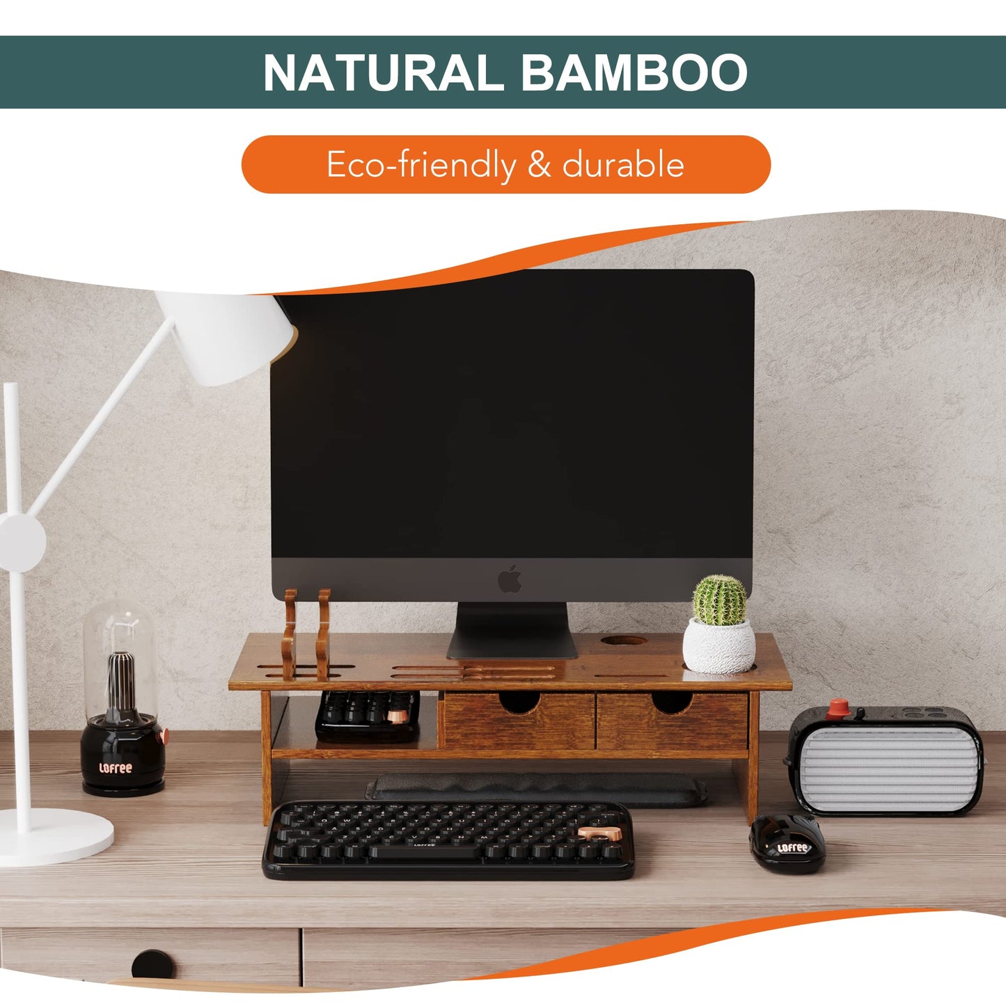 Sundale Outdoor WAYTRIM Bamboo Wood Monitor Stand Ergonomic Computer Riser with Storage Organizer Drawers Desktop Laptop Shelf Risers Cellphone Stand