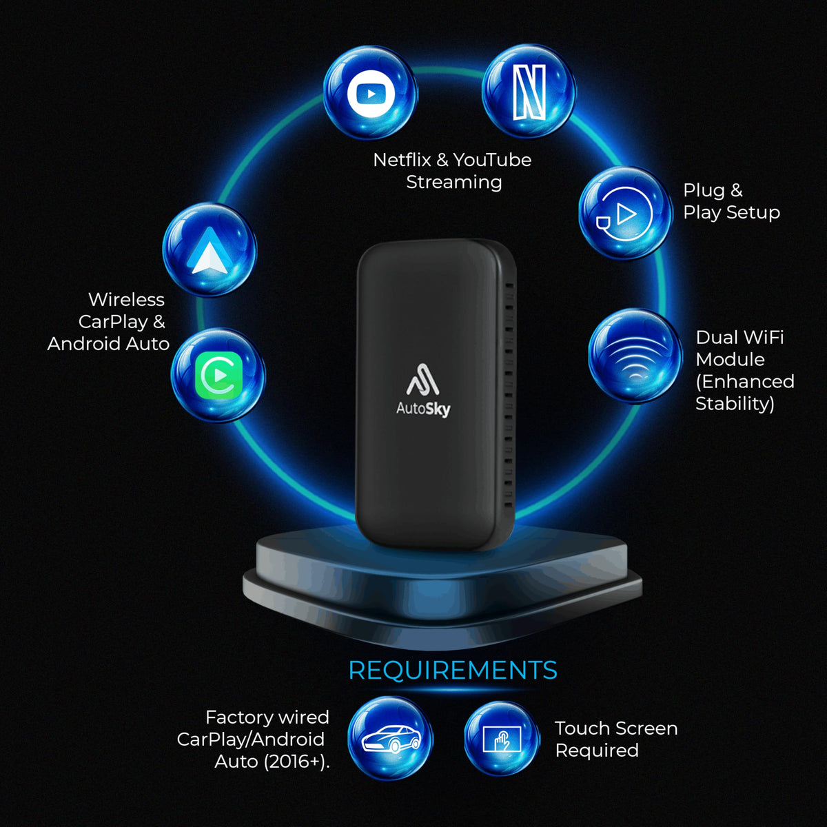 AUTOSKY LITE Box Dual Plus 2026 - Wireless CarPlay & Android Auto Adapter - Dual WiFi Module - Netflix & YouTube Support - Stable Connection, No Reconnect Needed