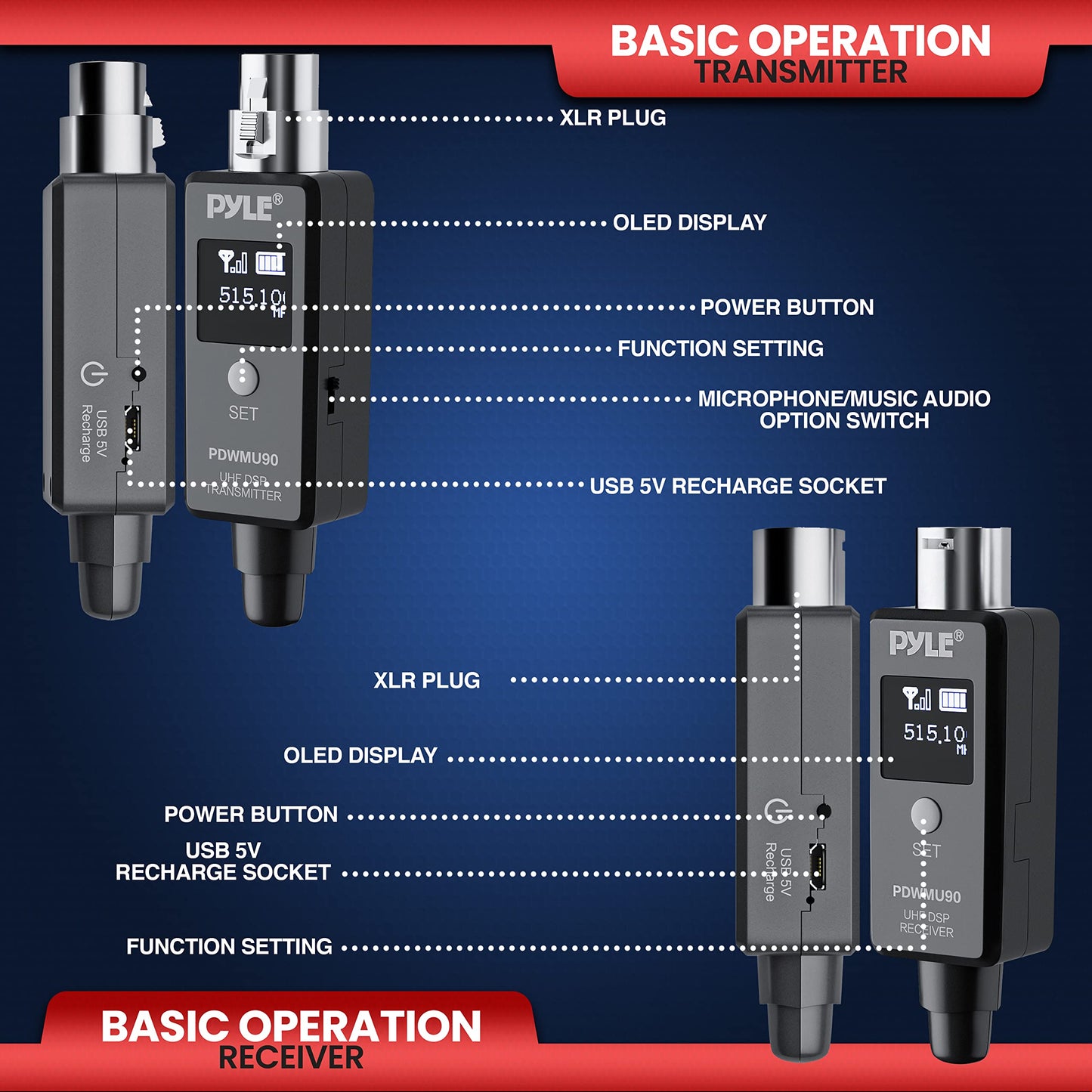 Pyle Multifunctional UHF Wireless XLR Adapter System,Transmitter And Receiver For Dynamic Microphones And Music Sources,48k Frequency Signal