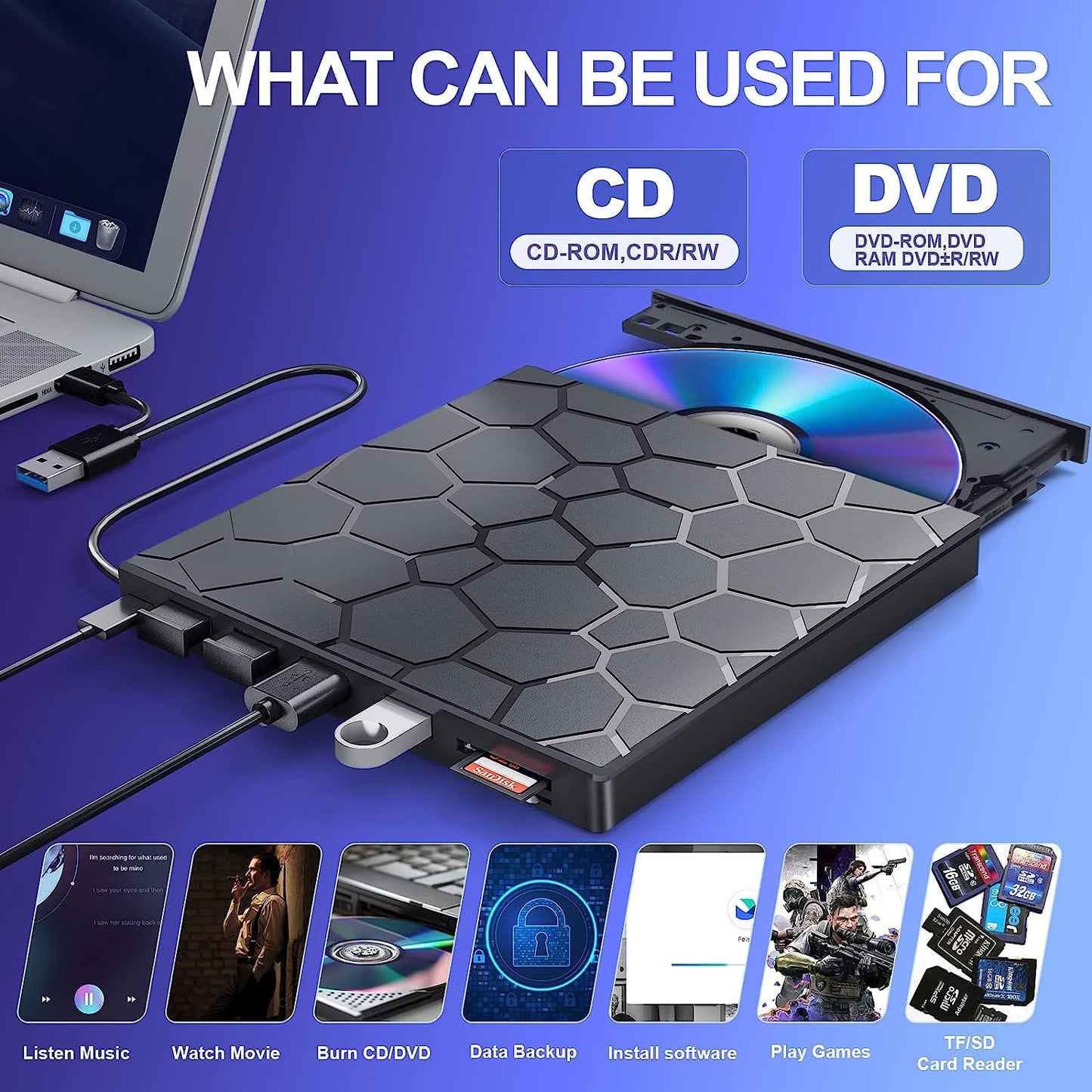 BPAKDU External CD/DVD Drive for Laptop, DVD Player for Laptop with Carrying Case, 8 in 1 USB 3.0 Ultra-Slim Portable, CD Burner External Optical