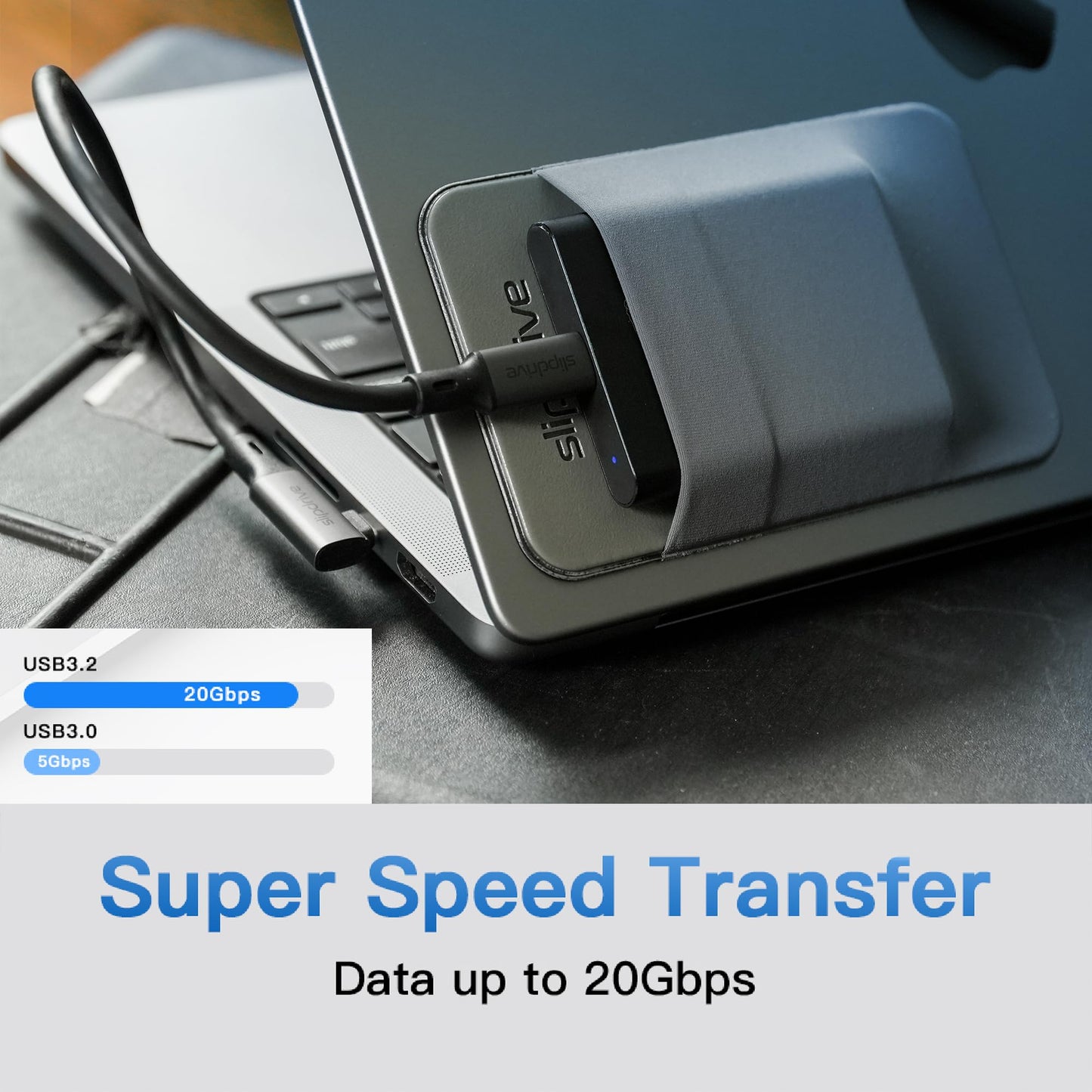 Slipdrive Short USB C to USB C 3.2 Gen 2 (12 in.) - 20Gbps, SSD HDD Hard Drive Cable - Right Angle High Speed Data Transfer 4K Video Output 90 Degree